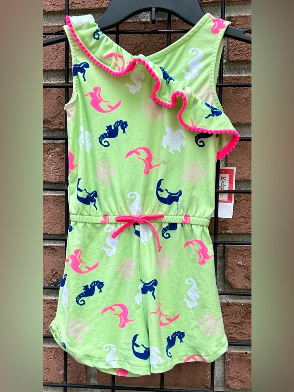 Kidgets Mint Green Romper with Neon Pink Trim and Navy Mermaid Print